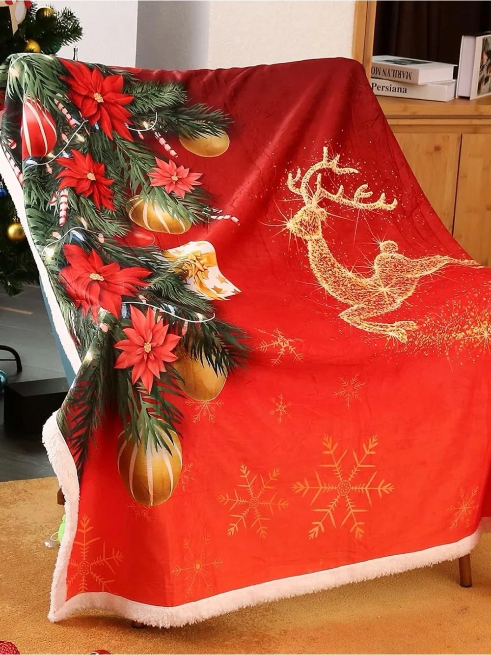 Festive Red Holiday Reindeer Plush Throw Blanket 60x80